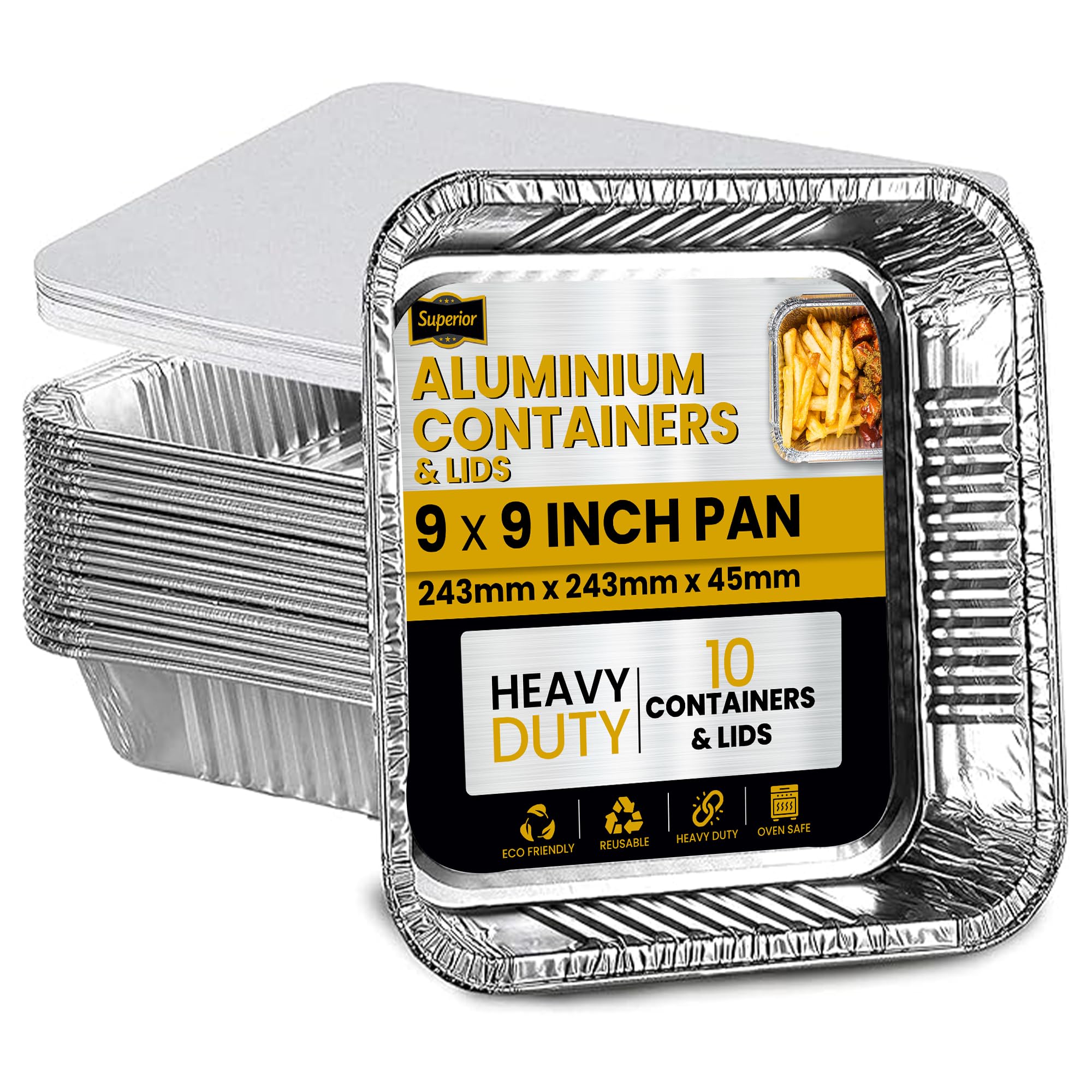 Superior 10-Pack Aluminium Foil Trays with Paper Lids, Heavy Duty Aluminium Takeaway Containers, Freezer & Oven Safe Tin Foil Trays For Baking, Cooking, Broiling, Storage Containers, 9 x 9 inch