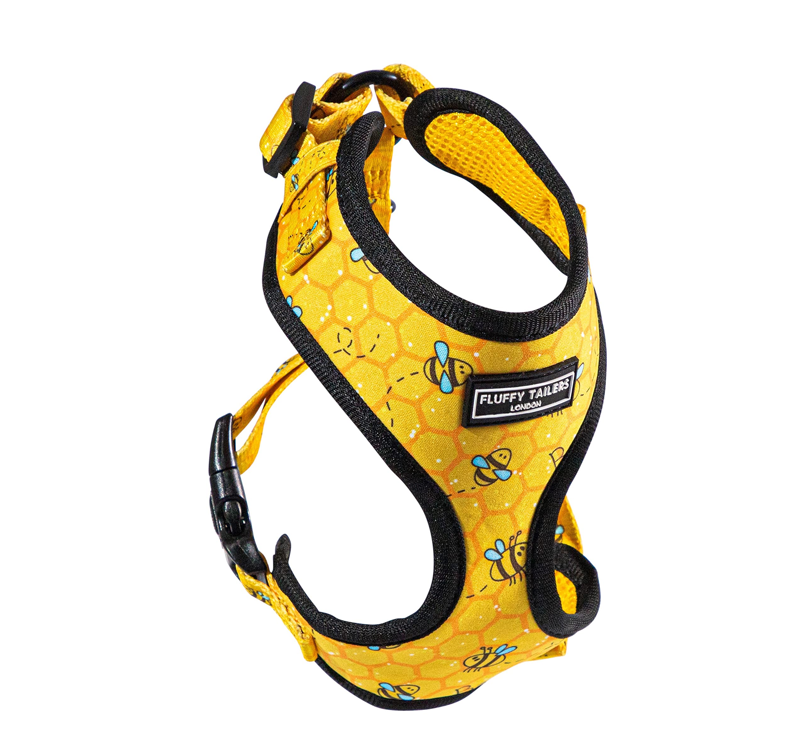 Fluffy Tailers Bee Pattern Yellow Dog Harness No Pull Adjustable Puppy Cat Honeycomb Design Vest Harness Small Dog Breathable Soft Padded Pet Chest Strap (Extra Extra small)