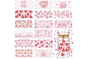 Resurhang 15 Sheets Valentine's Day UV Dtf Cup Wrap Transfer Stickers for 16 oz Pink Heart Dtf Cup Wraps for Glass Water Bottle Waterproof Rub on Transfers Mug Decals Crafting DIY Decor