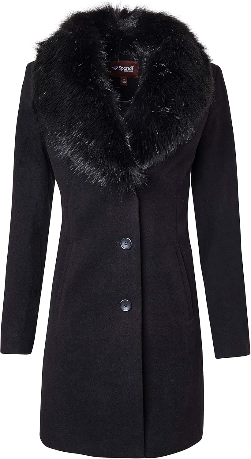 Sportoli Coats for Women Faux Wool Single Breasted Winter Jacket with Detachable Fur: Clothing