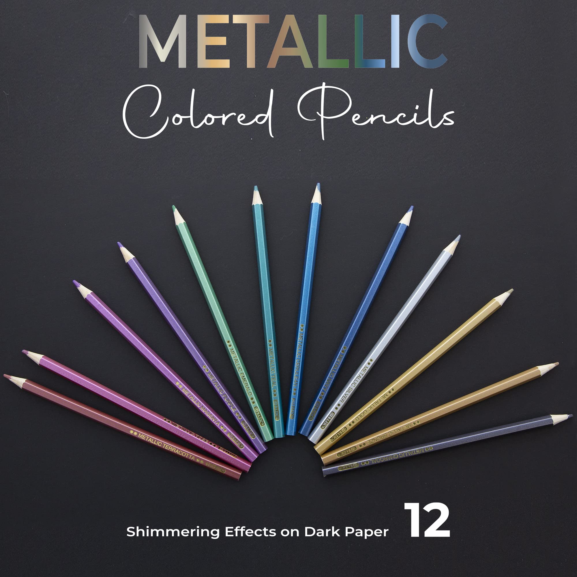 BAZIC Metallic Colored Pencils 12 Shimmering Shades Pre-Sharpened Pencil Set for Drawing Coloring, Professional Art Supplies for Artists (12/Pack), 1-Pack