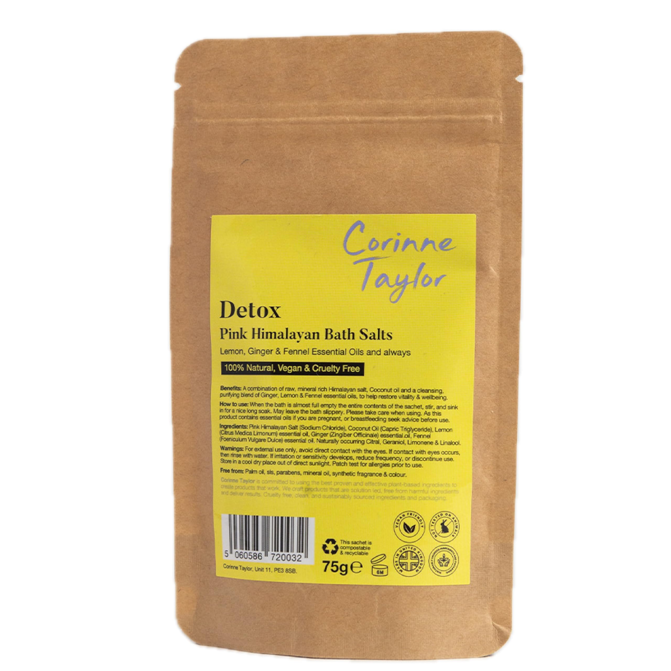 Corinne Taylor | Detox Himalayan Bath Salts | Lemon, Ginger & Fennel | Restores Vitality & Wellbeing | Organic & Natural | 75g