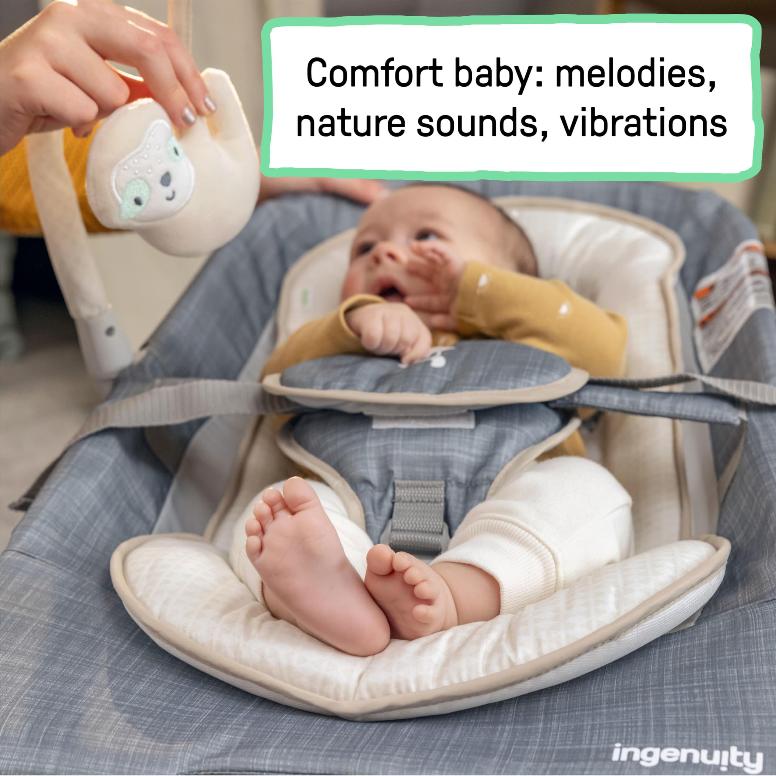 Ingenuity Gas Relief and Anti-Colic Baby Bouncer Seat and Rocker, Gentle Belly Message to Relax and Soothe Bellies, Instant Tummy Soother, 20 Songs and Melodies – Parker