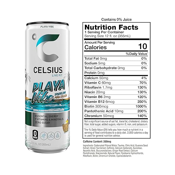 CELSIUS PLAYA VIBE SPARKLING PINA COLADA, SUGAR FREE ENERGY DRINK, 12 FL OZ (PACK OF 12)