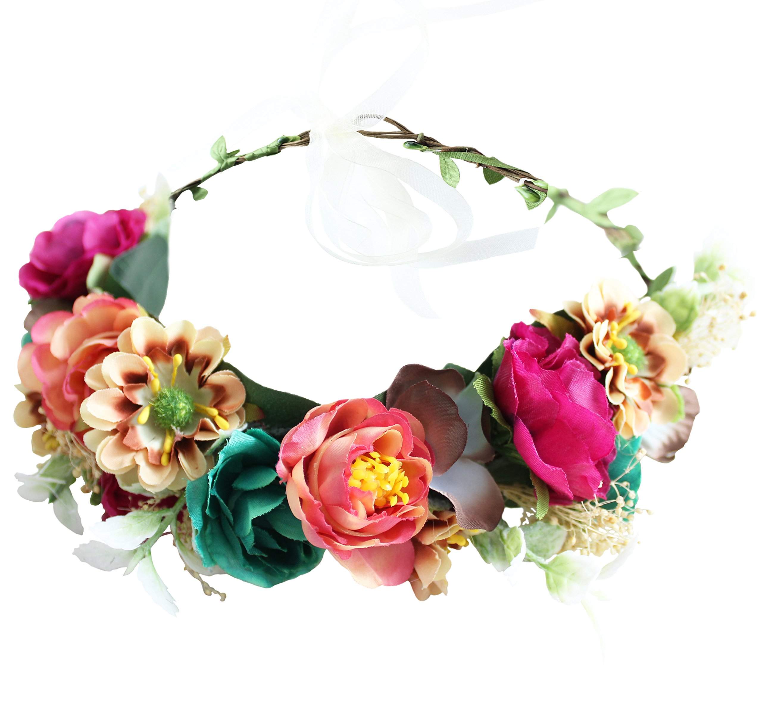 Brikuinr Flower Wreath Crown Halo Floral Hair Garland Headpiece with Ribbon Boho Festival Wedding, One Size