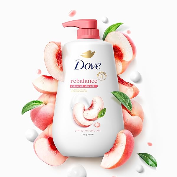 DOVE BODY WASH REBALANCE WHITE PEACH & RICE MILK FOR 24HR LOTION-SOFT SKIN MOISTURIZING SKIN CLEANSER WITH NO SULFATES NO PARABENS 30.6 OZ