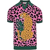 OXKNIT Men's Knitted Retro Poloshirt, 1960s Mod Style Vintage Short Sleeve Shirt with Animal Pattern Rose Red