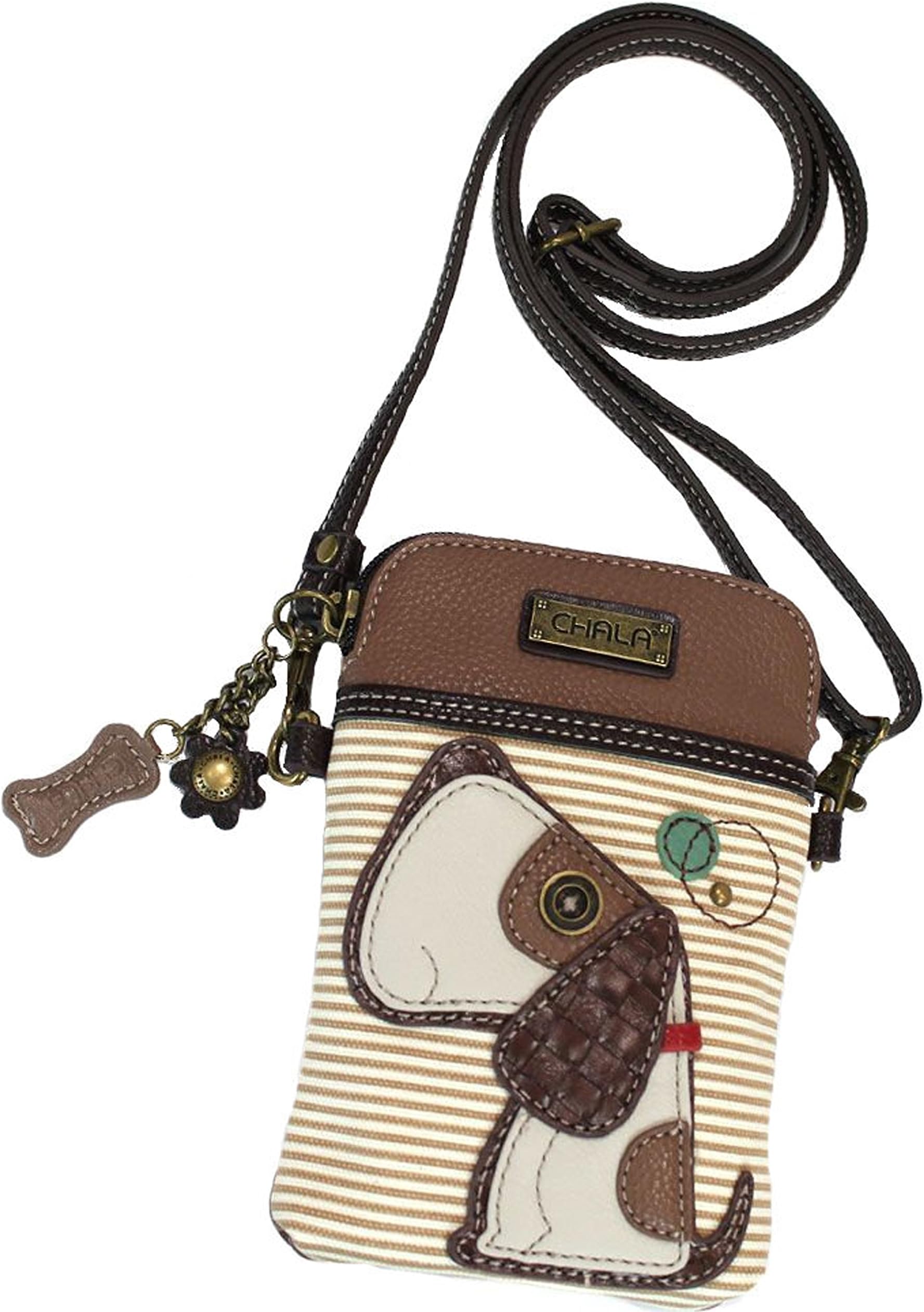 Chala Toffy Dog Cellphone Crossbody Handbag Purse - Convertible Strap Dog Mom Dog Lovers (Brown Stripe)