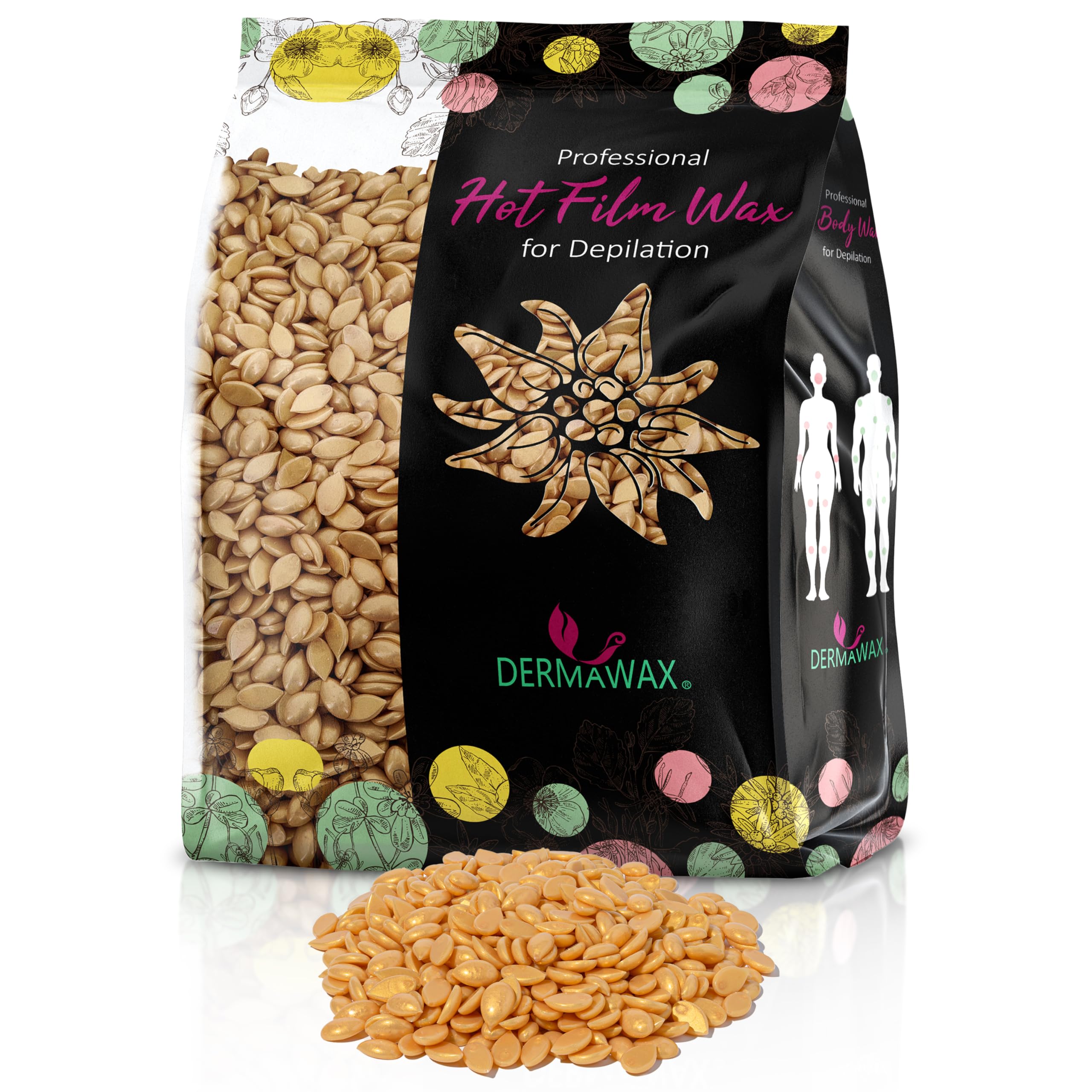 Hot Wax Beads for Hair Removal, Gold Hard Wax Stripless Film Wax for Full Body, Face, Legs, Armpits, Bikini Line and Brazilian, Vegan Hypoallergenic Colophonium Free, Dermawax, Made in Italy, 500g