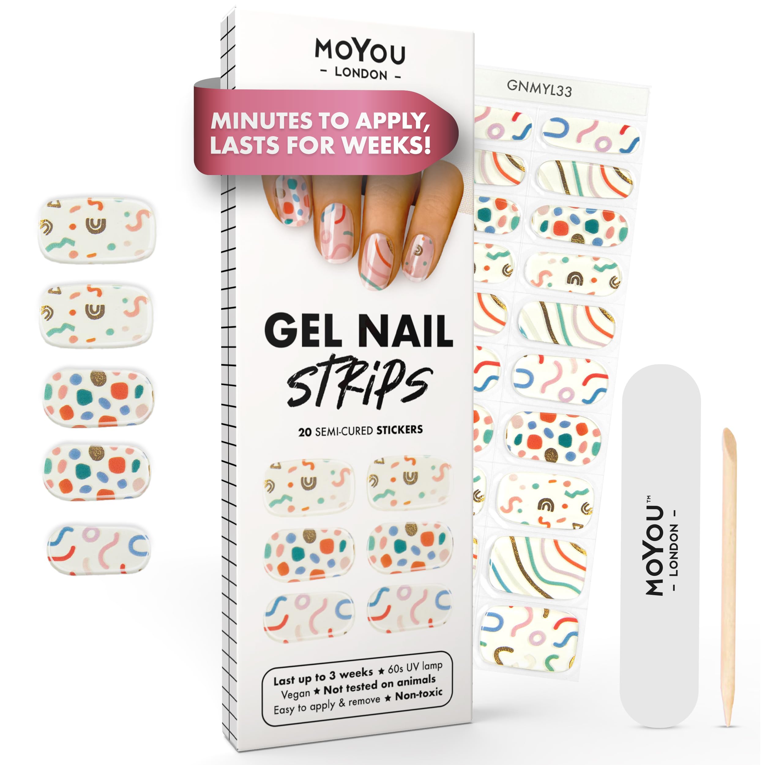 MOYOU LONDON Semi Cured Gel Nail Strips - 20 Pcs. Waterproof Gel Nail Wraps, Cures in Sunlight or UV/LED Lamp, Lasts Up to 2+ Weeks, Stretchable, Easy to Apply & Remove, Vegan & Cruelty-Free