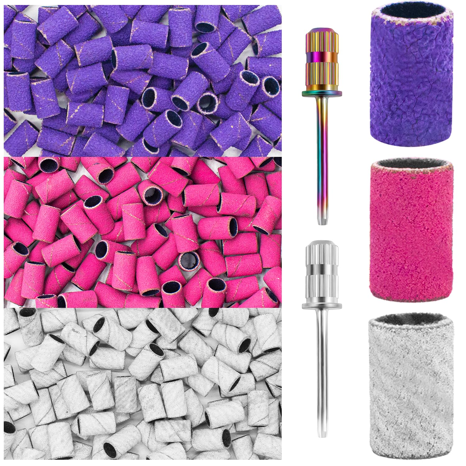 Nail Drill Sanding Bands Set - 300pcs Coarse & Fine Grit Bands (100#180#240#) with 3/32” Mandrel Bits