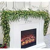 2Pcs 6 Ft Artificial Norfolk Pine Garland with 50 LED Lights,Winter Pine Christmas Garland with Lights,Real Touch Faux Greenery Garland for Mantle Fireplace,Table,Window,Outdoor Christmas Decorations