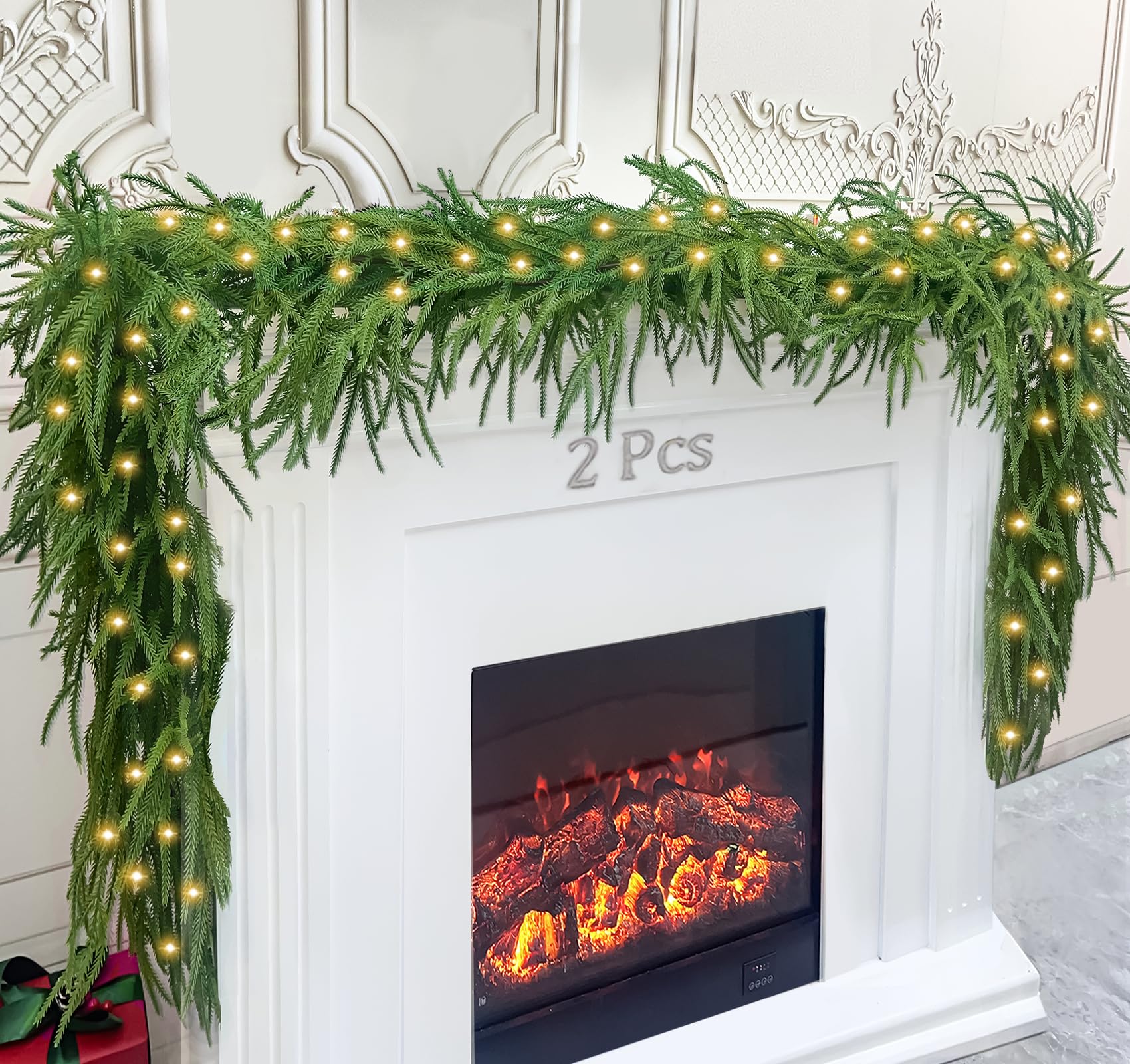 Photo 1 of 2Pcs 6 Ft Artificial Norfolk Pine Garland with 50 LED Lights,Winter Pine Christmas Garland with Lights,Real Touch Faux Greenery Garland for Mantle Fireplace,Table,Window,Outdoor Christmas Decorations