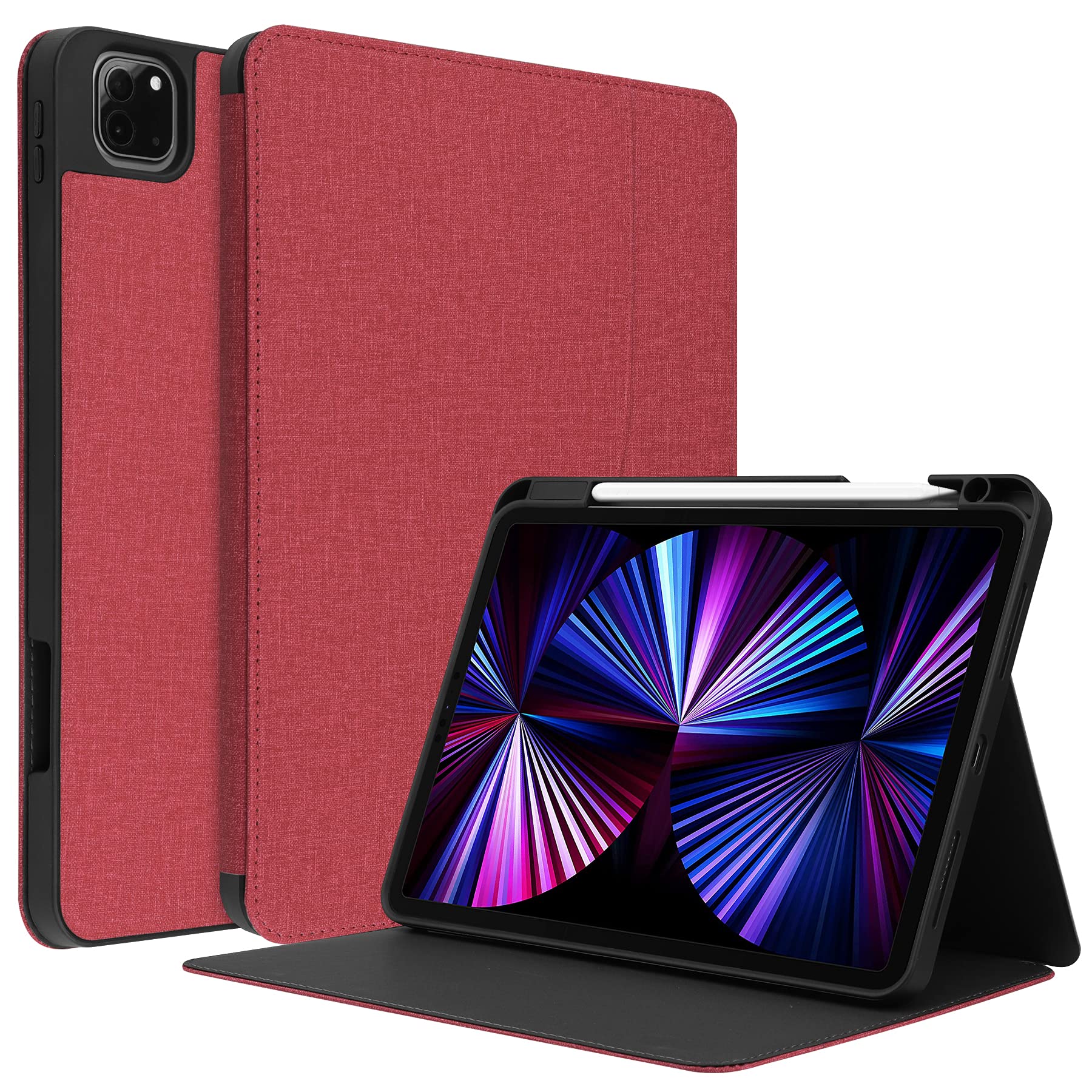 HUEZOE iPad Pro 11 Inch Case, 2021/2020/2018 Model, Soft TPU Back Denim Texture Cover Flip Stand Protective Case with Pen Holder, Auto Sleep/Wake, Red Wine