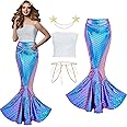 Newcotte 4 Pcs Mermaid Costume for Women Sequin Tube Top Skirt Pearl Waist and Head Chain for Halloween Cosplay