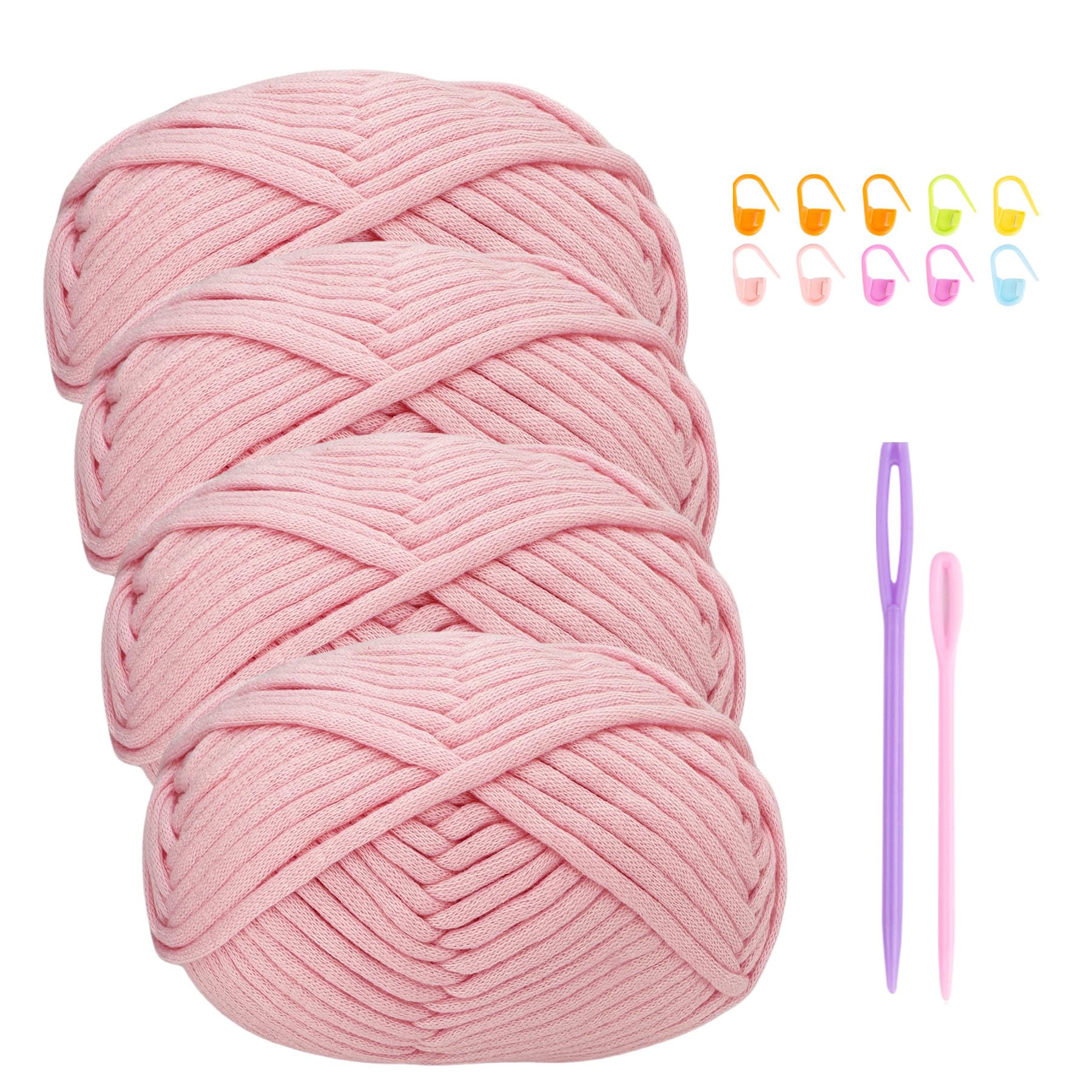 Chunky Cotton Wool Yarn for Crochet Beginners - 4x50g Amigurumi Yarn with Accessories, Easy Crochet Starter Kit Pink