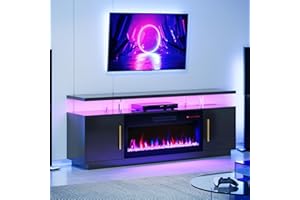 BELLEZE 70" TV Stand for TVs up to 75", LED Light Entertainment Center with 36" Electric Fireplace Heater, Storage Cabinet with USB AC Outlet, Media Console Table for Living Room - Avenue (Black)