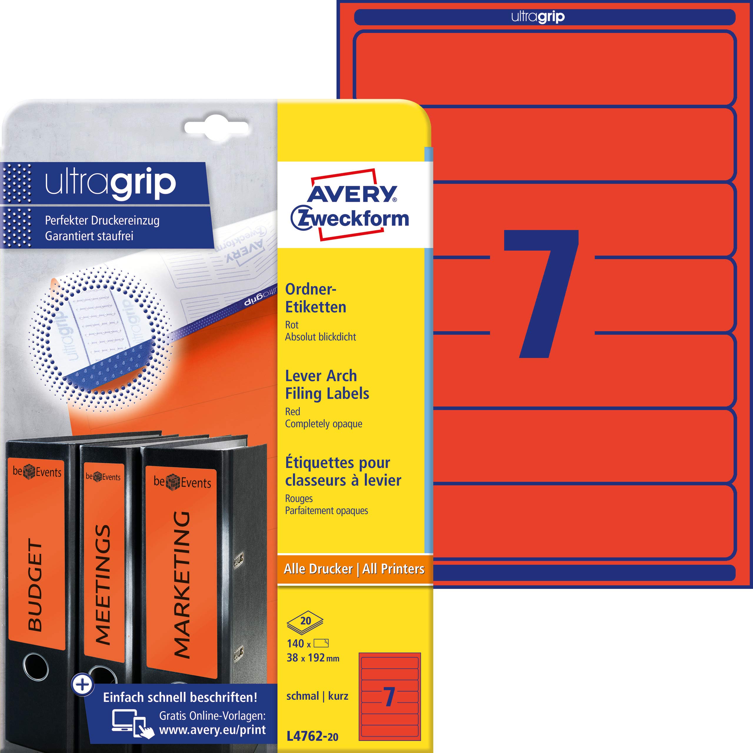 Avery Zweckform, L4762-20, Filing Labels, 20 Sheets, for Slim Ring Binders, like Leitz, Elba, Esselte, Mehle, Herlitz, Bene, 192 x 38 mm