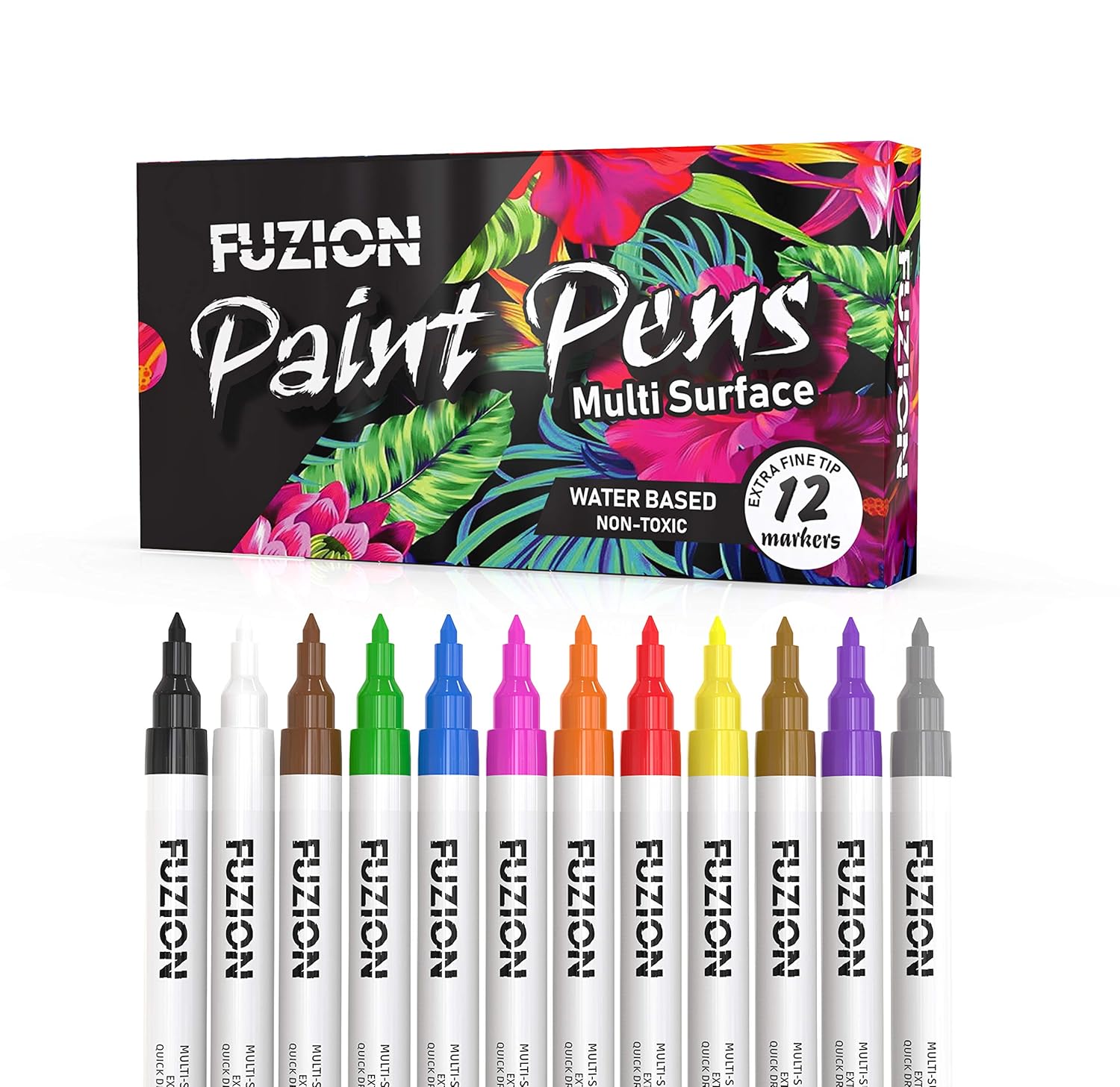Fuzion Paint Pens Set of 12 Acrylic Fine Tip Pens for Glass, Ceramic