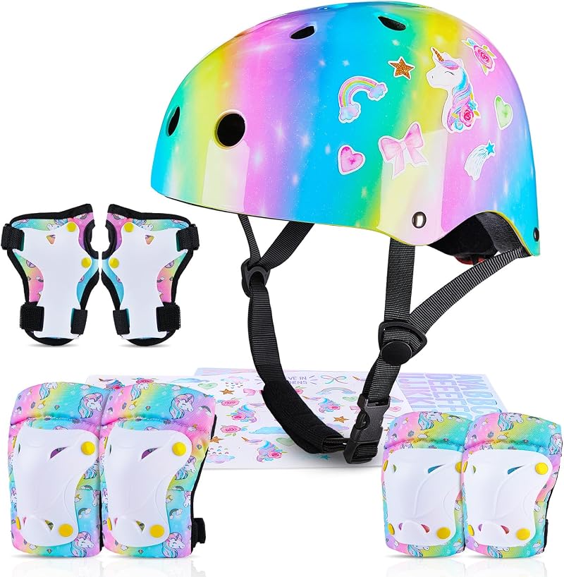 MHJY Kids Helmet & Pads Set Age 3-8 Unicorn Rainbow Bike Cycle Skateboard