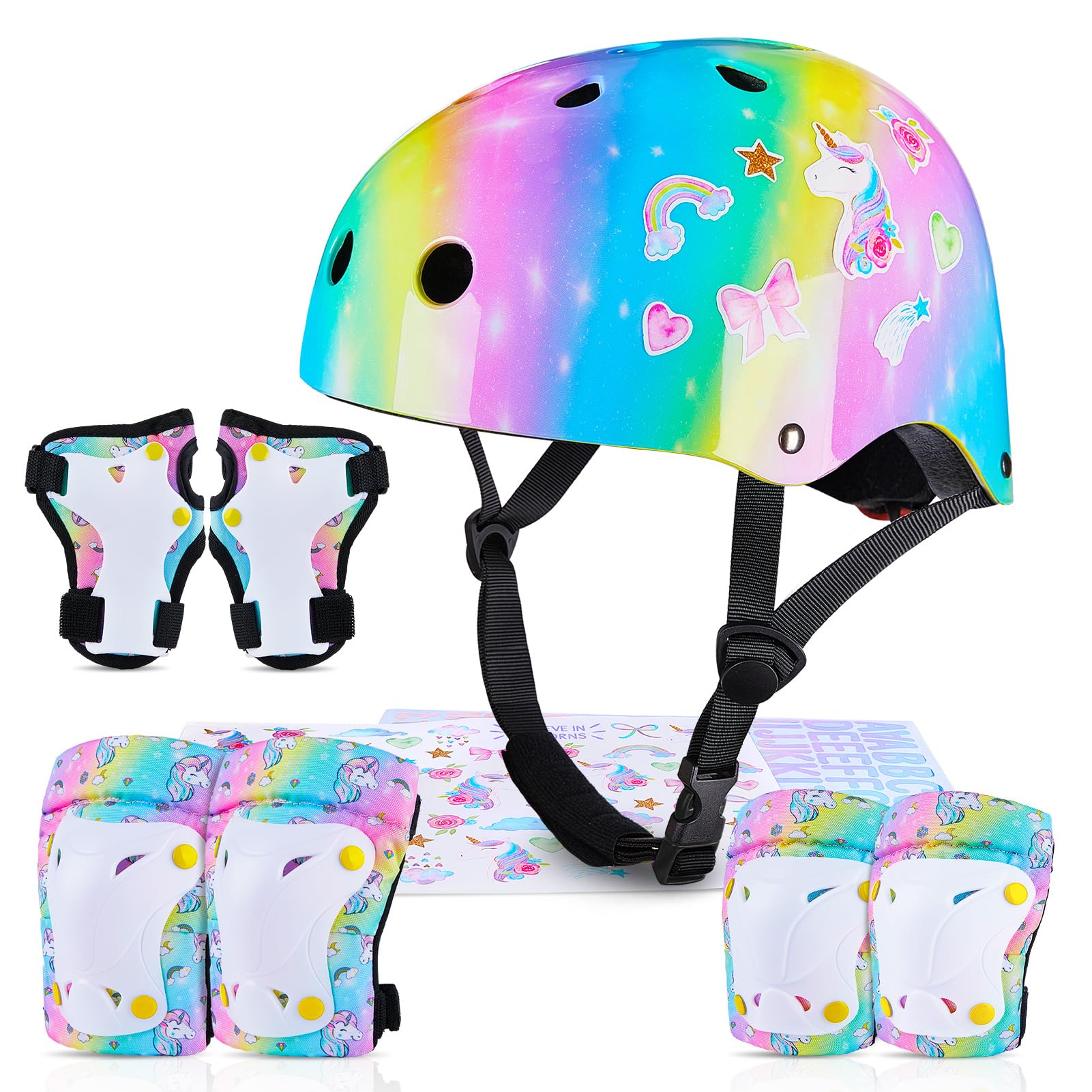 MHJY Kids Helmet and Pads Set with DIY Stickers Girls Bike Helmet Age 3-8 Years Unicorn Knee and Elbow Pads Adjustable Protective Gear for Children Cycle, Skateboard Scooter, Roller Skates