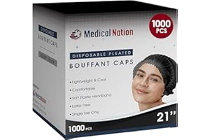 Medical Nation Hair Net, Disposable Pleated Hair Nets |Black, 1000 Count| Bouffant Hair Cap Hair Nets for Food Service, Medical Use - 21" Hairnets for Women & Men - Latex Free with Elastic Band, Black