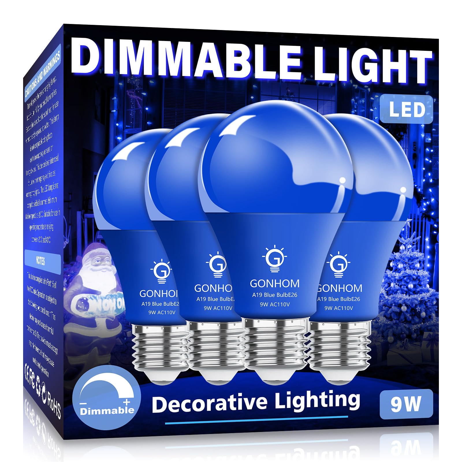 Gonhom 4 Pack A19 LED Blue Light Bulb,9 Watt Blue
