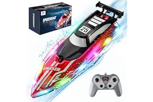 JOI MEW RC Boat for Kids with LED Lights, 2.4Ghz Remote Control Racing Boats for 8-12,Toy Water Boat for Pools & Lakes with Waterproof,Rechargeable Battery, for Boys Girls RED