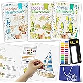 3Pcs Watercolor Workbook Paint Book Beginner Friendly Painting Kit, 36 Pages Workbooks with 24 Paint Colors & Brush for Beginners, Stress-Relieving Gift for Women Adults (Seaside&Bird&Garden)