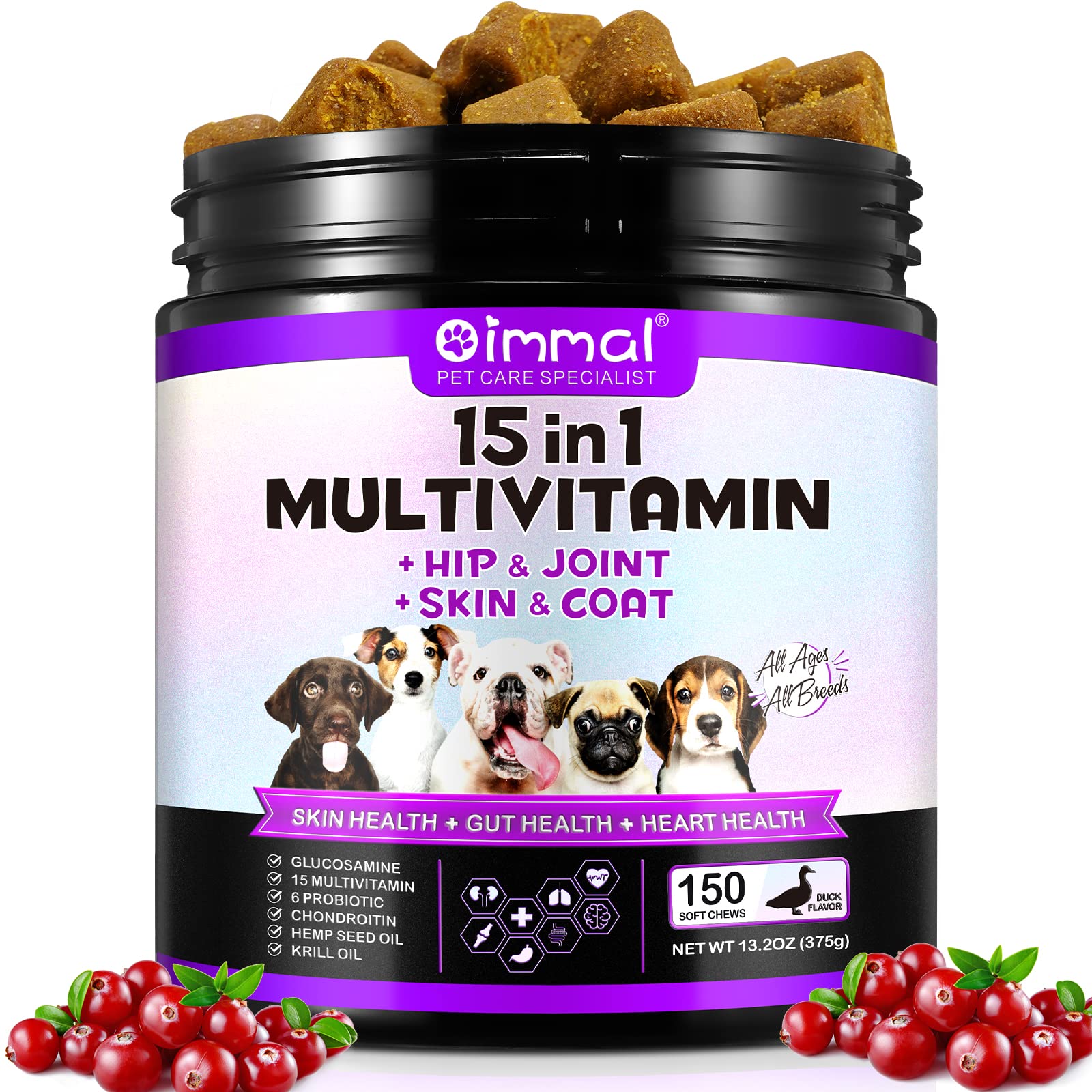 Multivitamine 15 en 1 pour Chiens, 150 vitamines Naturelles pour la santé des articulations, du Pelage, de la Peau et du cœur pour Les Chiens de Petite, Moyenne et Grande Taille (saveur Canard)