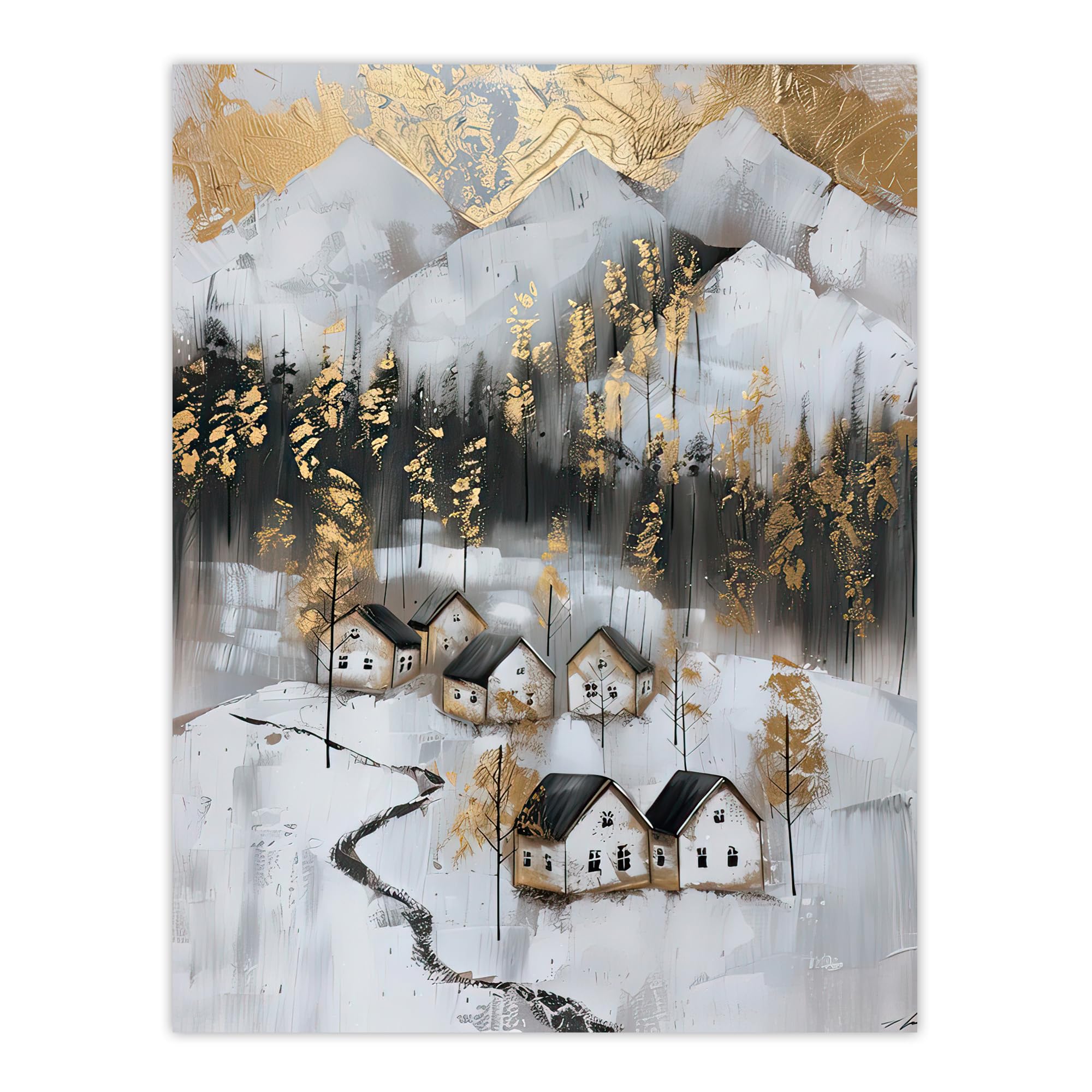 Artery8 Scottish Highlands Houses Golden Winter Painting Living Room Extra Large XL Wall Art Poster Print