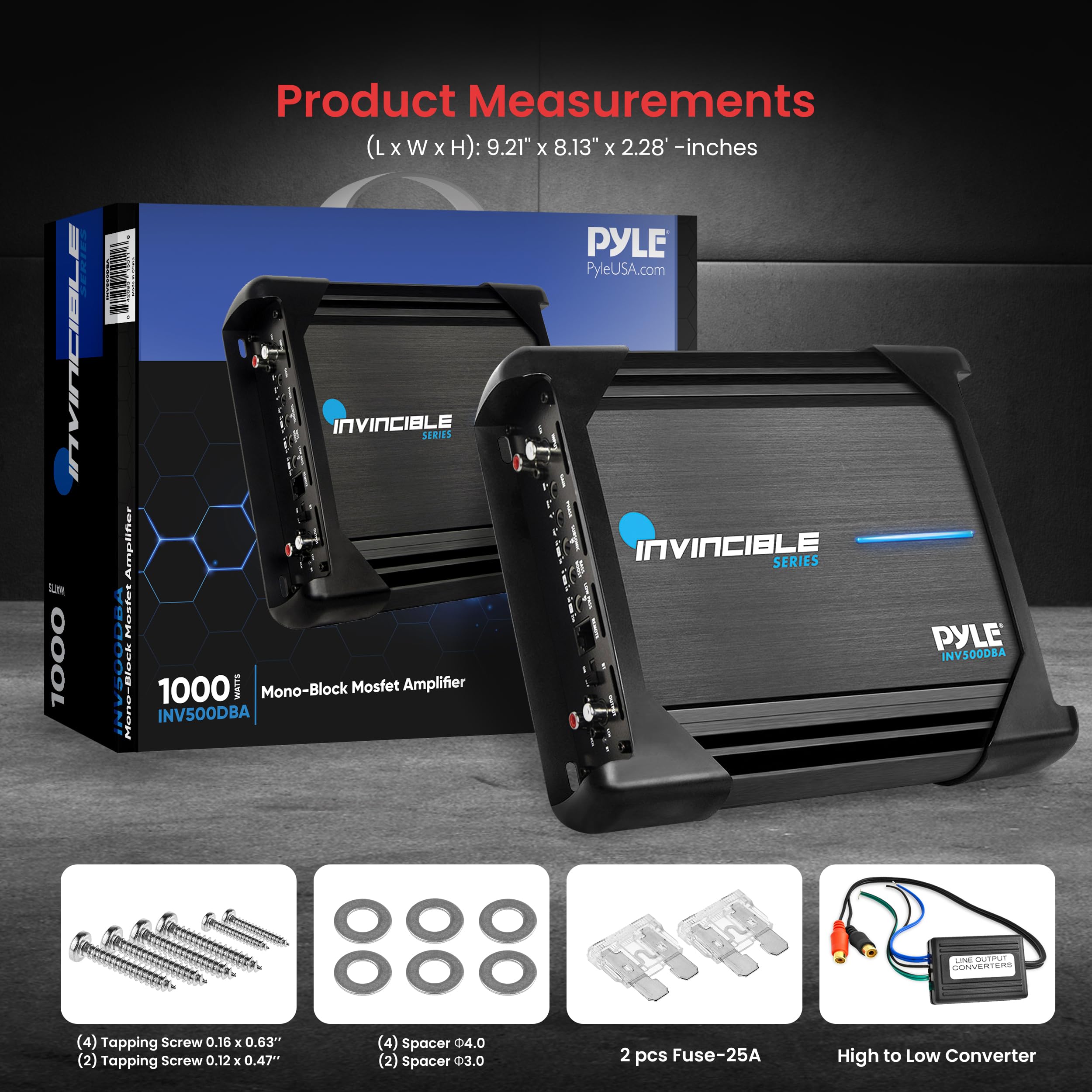 Pyle 9” Class D Mosfet Amplifier - Invincible Series Monoblock Amp, 1 Channel 1000 Watts Max, Mosfet PWM Power Supply, High-Current Dual Discrete Drive Stages, Wireless BT Audio Interface