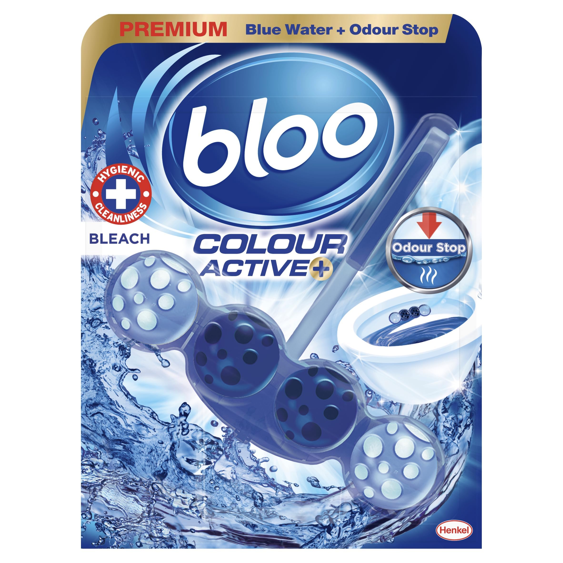 Bloo Colour Active Toilet Rim Block Bleach with Anti-Limescale, Cleaning Foam, Dirt Protection and Extra Freshness with Bloo Odour-Stop Technology