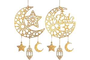 HINSLY 2 Pieces Eid Mubarak Door Sign Wooden Hanging Signs, Ramadan Kareem Hollow Ornament Decorations Moon and Stars, Moon Shape Ramadan Mubarak Party Wood Wall Hanger for Islamic Muslim Home Decor