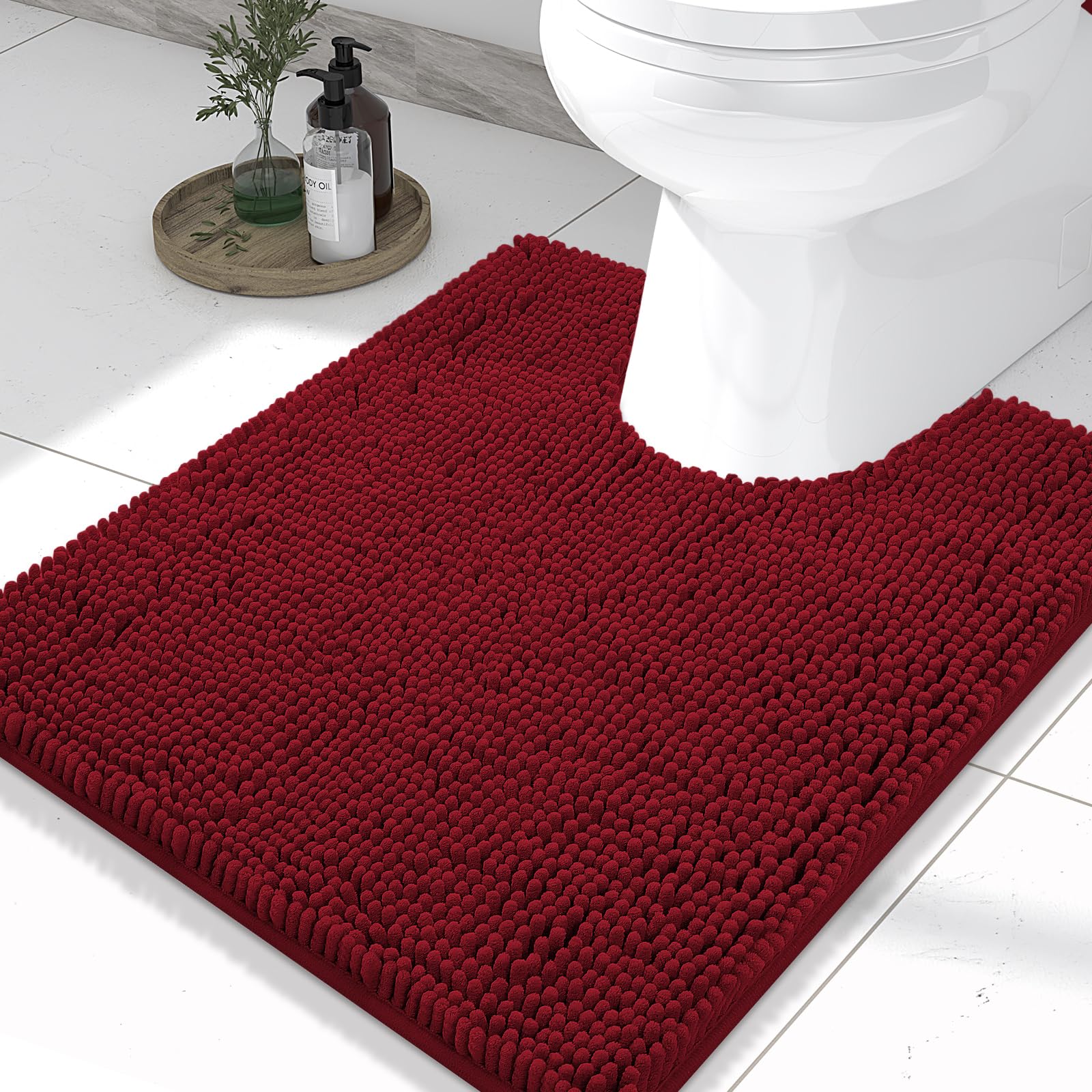 Photo 1 of Smiry Luxury Chenille Toilet Rugs U-Shaped 24x20, Soft Absorbent Non-Slip Contour Bathroom Rugs for Toilet, Machine Washable Contoured Bath Mats, Red