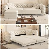 XOCN 97.7" King Size Sleeper Sofa Bed, 3-in-1 Convertible Pull Out Chesterfield Sleeper Couch with Ottoman, Oversized Velvet Button Tufted L Shaped Sofa for Living Room Small Spaces, Beige White