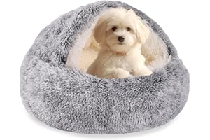 HYQ Small Dog Bed, Cozy Cat Cave Bed, Cat Beds for Indoor Cats Washable, Non-Slip Cat Beds, Calming Dog Bed with Hooded Cover, Dog Bed with Cover for Small Medium Pets (Grey, 24×24 Inch)