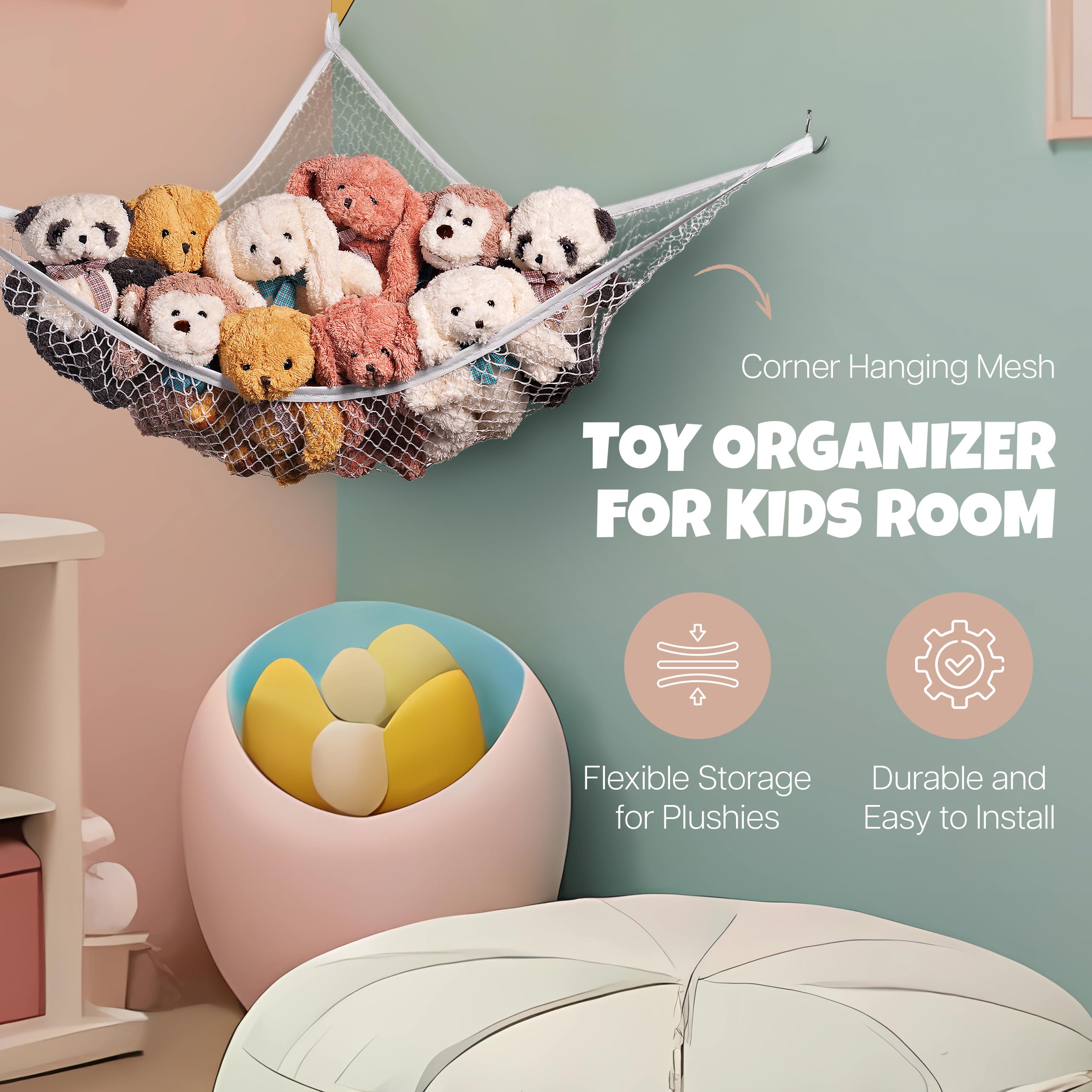 Handy Laundry Stuffed Animal Hammock Corner Net 2-Pack – Stuffed Animal Net & Mesh Toy Organizer for Kids Room – Flexible Storage for Plush Toys, Teddy Bears & Cuddly Favorites – Durable, Easy Install