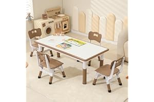 Hulaibit Kids Table and 4 Chairs Set, Height Adjustable Toddler Table and Chairs Set, Graffiti Desktop Children Activity Table for Ages 2-10, Daycare, Classroom