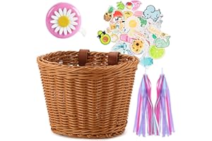 BEVOVBE Kid's Bike Basket for Girls Front Bike Accessories Small Woven Wicker Cruiser Bicycle Basket with Handlebar Streamers Bell Boys16 Bike Girls Cycling Ages 3-13