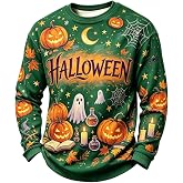 Mens Pullover Halloween Spooky Pumpkin Graphic Crewneck Pullover Top | Halloween Sweater Men Spooky Season Long Sleeve Relaxed Retro Tops Halloween Costumes Men