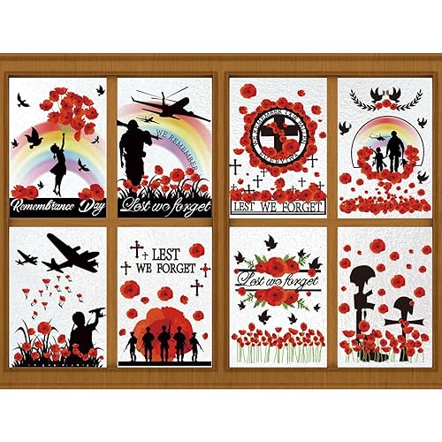 JOFONY Remembrance Day Window Sticker, Lest We Forget Window Stickers Reusable Remembrance Day Window Clings Poppy Window Stickers