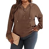 TAKEYAL Plus Size Hoodies for Women Waffle Knit Long Sleeve Drawstring Button V Neck Casual Pullover Sweatshirt