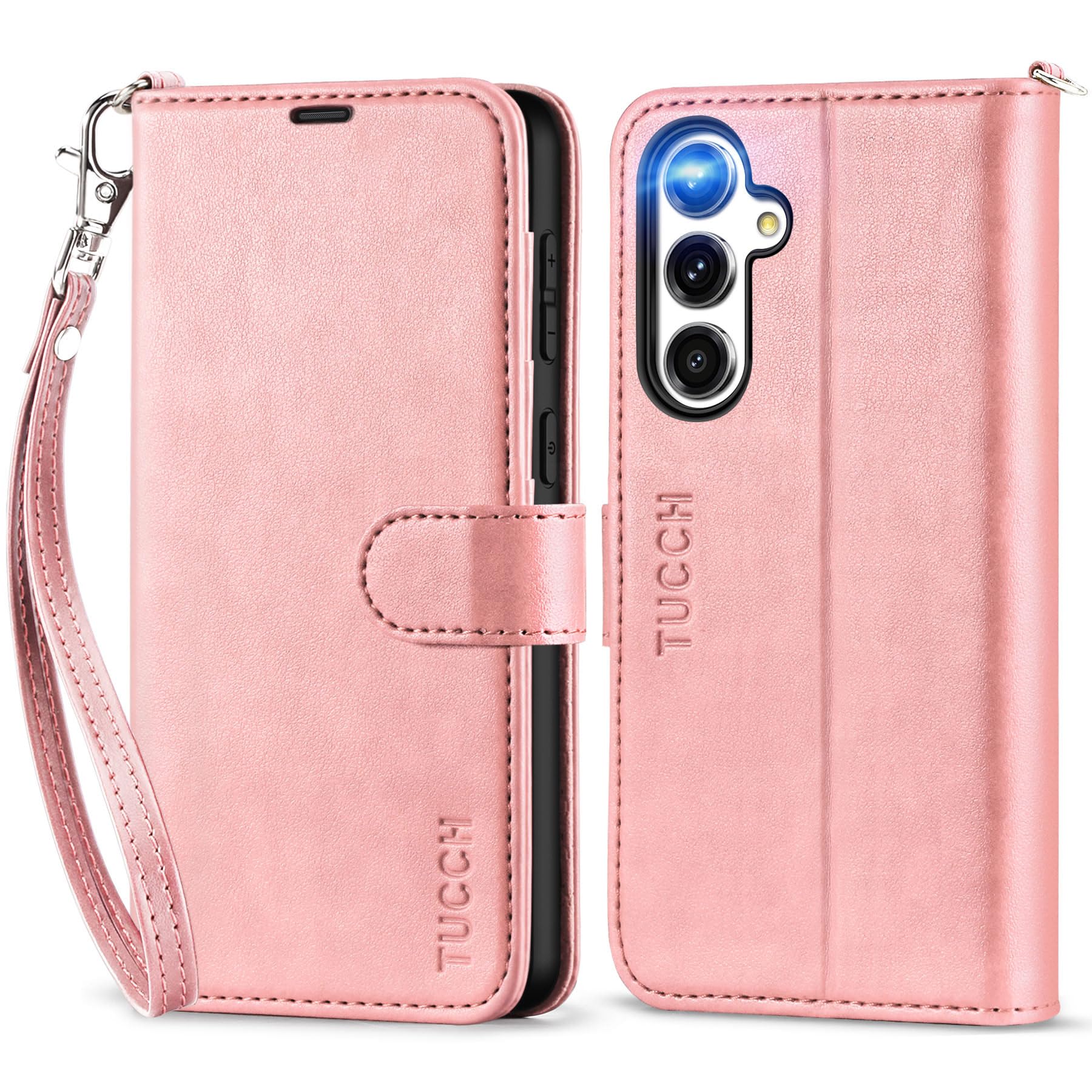 TUCCH Flip Case for Galaxy S24 FE (6.7") 2024, PU Leather Wallet Stand Case with Wrist Strap, RFID Blocking, Card Slots, Shockproof TPU, Viewing Stand, Magnetic Folding Cover for Women Men, Rose Gold