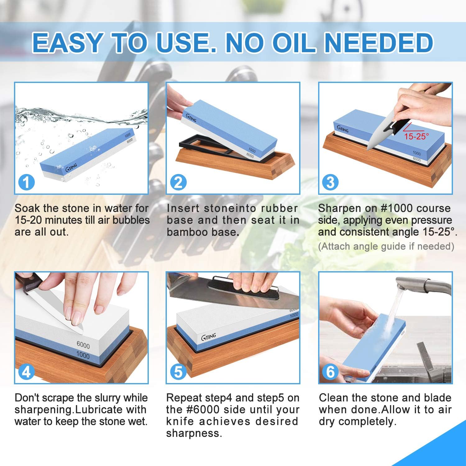 Whetstone Knife Sharpening Stone Set, G-TING 140/320, 1000/6000 Grit Whetstone Sharpener, Dual Grit Multi-Purpose Sharpener, Polishing Tool Sharpener Hatchet Large Sharpening Stone Kit - - 