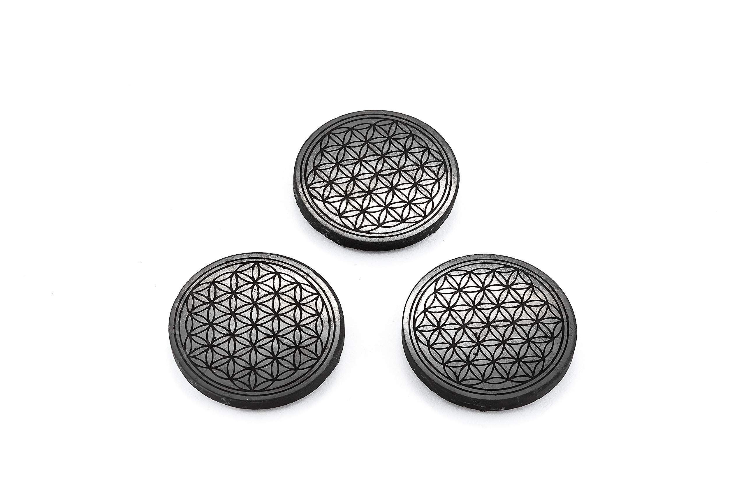 SN NATURSTEIN UG Gemstone Shungite Direct from Karelia: 3 x Shungite Plate "Flower of Life", Round and Polished 50 mm