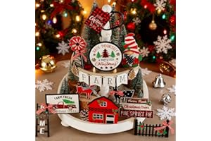 Christmas Tiered Tray Decor 17pcs Christmas Wooden Signs Wood Rustic Farm Tree Banner Xmas Wreath Gnome House Fence Ladder fo