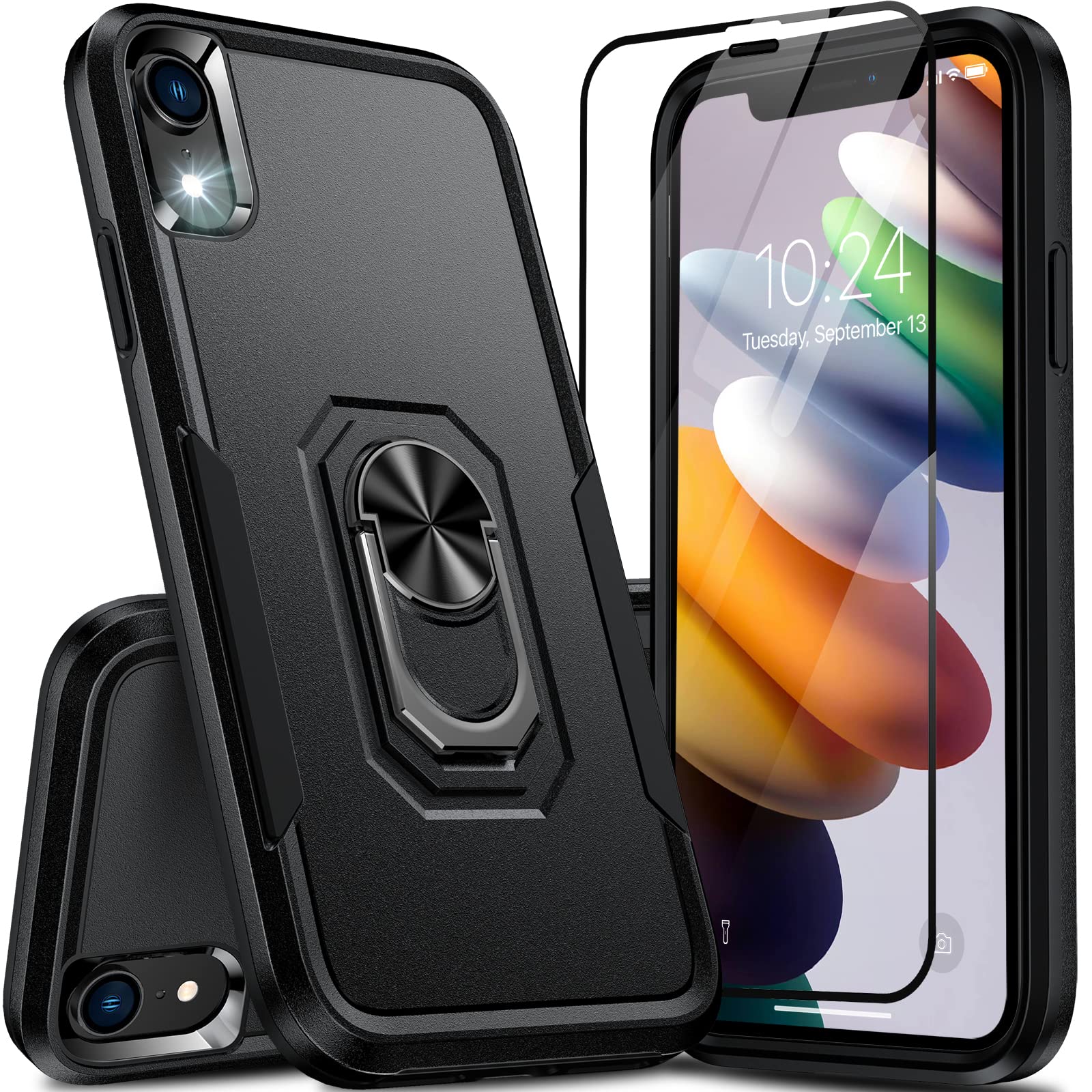 Oneagle for iPhone XR Case, 2 in 1 Heavy Duty Kickstand iPhone Xr Case with [Tempered Glass Screen Protector][ 360°Rotating Ring Stand]Slim Military Grade Shockproof Phone Case for iPhone XR 6.1 inch