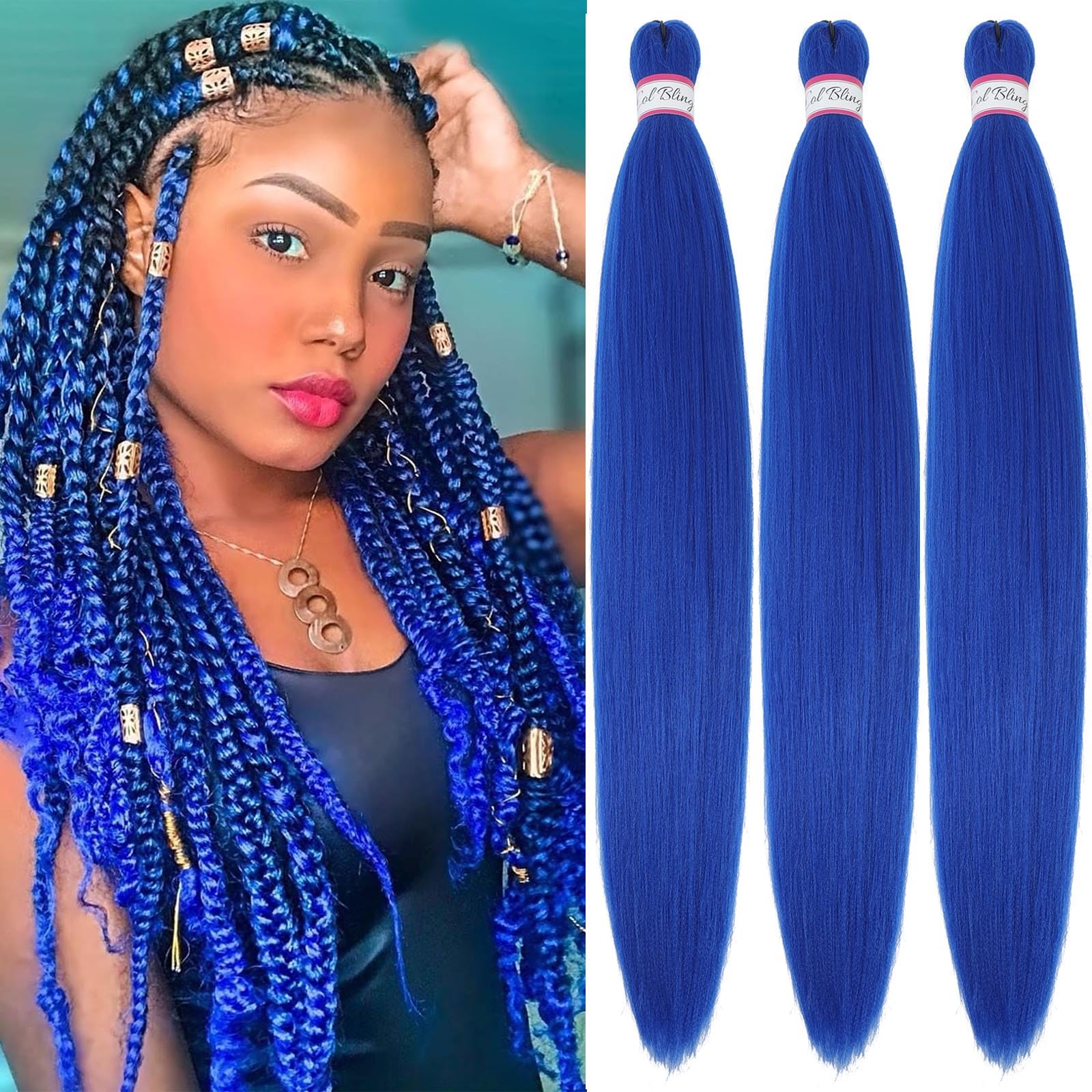 Photo 1 of 1 Pack of Col Bling Blue Braiding Hair Pre Stretched, 28 Inch Long Braid Hair Extensions for Women, Box Braids Hair Yaki Texture, Professional Synthetic, Softness, Knotless Easy to Install