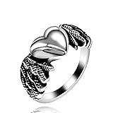 Vintage Black Love Heart Angel Wings Biker Ring